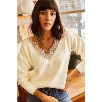 HOXTON GAL Women's Slim Fit Lace-Collar Knit Blouse in White