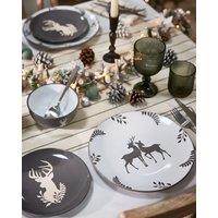 Dibor 12 Piece Grey Stag Plates & Bowls Reindeer Christmas Dinner Set 4 Person Christmas Crockery Set | Size: 12 Pack