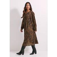 Dorothy Perkins Women's Leopard Animal Petite Bow Front Blouson Sleeve Printed Midi Dress in Green | Size: 8
