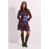 Dorothy Perkins Women's Petite Tiered Skirt Printed Mesh Mini Dress in Blue | Size: 10