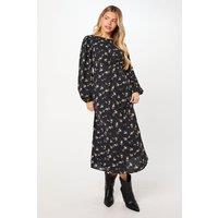 Dorothy Perkins Women's Ditsy Floral Shirred Waist Long Sleeve Midi Dress | Size: 14