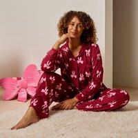OHS Women's Bows Button Through Long Sleeve Pyjama Set Loungewear in Burgundy | Size: Large/XL