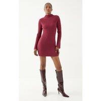 MissPap Women's Knitted Ribbed Flute Long Sleeve Mini Dress in Berry | Size: XS/S