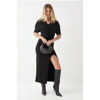 MissPap Women's Knitted Wrap Front Split Hem Maxi Dress in Black | Size: Large