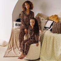 OHS Women's Leopard Button Through Winter Pyjama Set Loungewear in Natural | Size: S/M