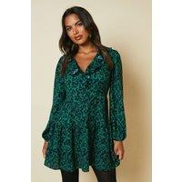 Dorothy Perkins Women's Green Animal Tiered Hem Frill Wrap Mini Dress | Size: 8