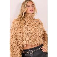 NastyGal Women's Loopy Bobble Mix High Neck Cropped Jumper in Tan | Size: Large