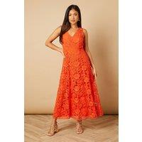 Oasis Women's Petite Floral Lace V Neck Midi Dress in Orange | Size: 10