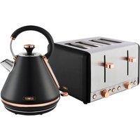 Tower Kettle & 4 Slice Toaster, Cavaletto, Black & Rose Gold in Jet Black