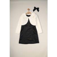 Miss Girl's Satin Shift Dress, Faux Fur Cardigan & Bow Clip Set in Black | Size: 5 Years