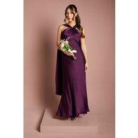 Coast Women's Satin Halterneck Maxi Bridesmaid Dress with Over The Shoulder Drape Detail in Grape | Size: 16