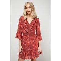 Oasis Women's Printed Lace Detail V Neck Ruffle Mini Dress in Floral | Size: 12
