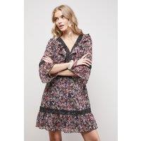 Oasis Women's Printed Lace Detail V Neck Ruffle Mini Dress | Size: 8