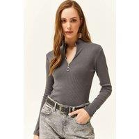HOXTON GAL Women's Slim Fit Ribbed Zip Neck Stretch Top in Dark Grey | Size: Small