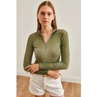 HOXTON GAL Women's Slim Fit Ribbed Zip Neck Stretch Top in Khaki | Size: XL