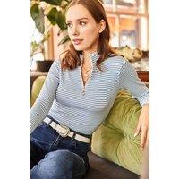 HOXTON GAL Women's Slim Fit Ribbed Zip Neck Stretch Top in Dark Indigo | Size: Small