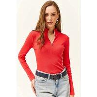 HOXTON GAL Women's Slim Fit Ribbed Zip Neck Stretch Top in Coral | Size: XL