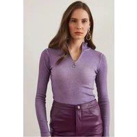 HOXTON GAL Women's Slim Fit Ribbed Zip Neck Stretch Top in Pale Lilac | Size: Large