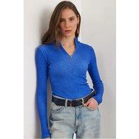 HOXTON GAL Women's Slim Fit Ribbed Zip Neck Stretch Top in Blue | Size: Large