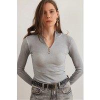 HOXTON GAL Women's Slim Fit Ribbed Zip Neck Stretch Top in Grey | Size: Medium