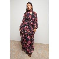 Oasis Women's Petite Printed Ruffle Tiered High Neck Maxi Dress in Black | Size: 10
