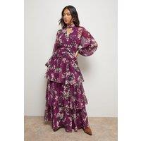 Oasis Women's Petite Printed Ruffle Tiered High Neck Maxi Dress in Purple | Size: 8