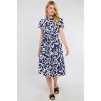 Love Sunshine Women's Cobalt Leaf Print Linen-Blend Midi Shirt Dress in Blue | Size: 14