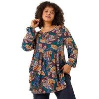 Roman Women's Curve Floral Gathered Tie Front Top in Teal | Size: 18