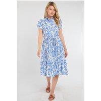 Love Sunshine Women's Cornflower Blue Floral Print Midi Shirt Dress | Size: 14