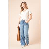 Dorothy Perkins Women's V Neck Roll Sleeve Jersey Top in Cream | Size: 12