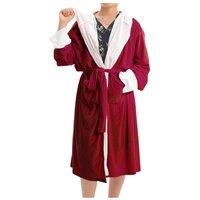 MODISHION Women's Contrast Colour Flannel Hooded Dressing Gown in Red | Size: Small