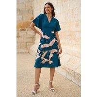 Yumi Women's Teal Recycled Fabric Crane Print Kimono Midi Dress | Size: 12