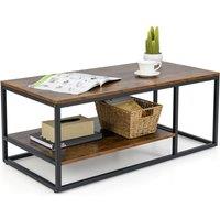 Gymax 2-Tier Industrial Coffee Table 105 CM Rectangle Center Table Metal Frame in Brown