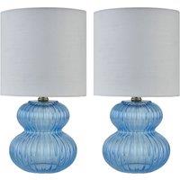 First Choice Lighting Walter - Set of 2 Blue Ribbed Glass 29cm Table Lamps with White Shade