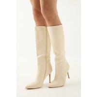 MissPap Women's Faux Leather Pointed High Stiletto Heel Knee Boots in Beige | Size: 3