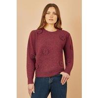 Yumi Women's Burgundy Knitted Jumper With Crochet Flowers | Size: Medium