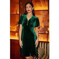 Yumi Women's Green Velvet Skater Dress With Dimante Bow Detail | Size: 10