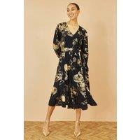 Yumi Women's Black Foil Rose Print Midi Dress | Size: 16