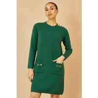 Yumi Women's Green Knitted Tunic Dress With Gold Hardware Details | Size: Medium