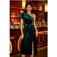 Yumi Women's Green Velvet Frill One Shoulder Midi Dress With Split Hem | Size: 16