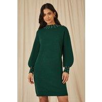 Yumi Women's Green Pearl Detail Knitted Relaxed Jumper Dress | Size: Small
