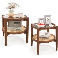 Costway 2-Tier Round Side End Table PE Rattan Coffee Table Set of 2 in Brown