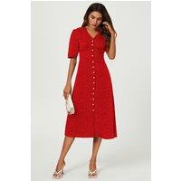 FS Collection Women's Black Little Floral Print Midi Dress with Front Button Closure in Red | Size: Large