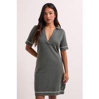 Dorothy Perkins Women's Petite Khaki V Neck Knitted Tipped Mini Dress in Grey-Khaki | Size: XL