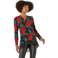 Roman Women's Floral Print V-Neck Chiffon Top in Red | Size: 20