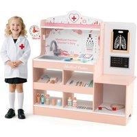Costway Wooden Doctor Play Set Kids Medical Center with Clock in Pink