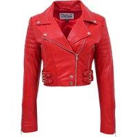 House of Leather Women's Demi Cropped Real Leather Biker Jacket White Size 10 in Red | Size: 12