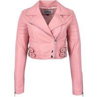 House of Leather Women's Demi Cropped Real Leather Biker Jacket White Size 10 in Pink | Size: 16