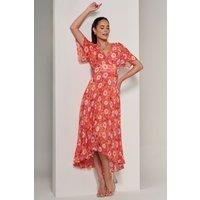Jolie Moi Women's Floral Pleated Chiffon Dip Hem Dress in Orange | Size: 18