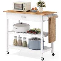Costway Kitchen Island 3-Tier Rolling Utility Cart with Wood Countertop in White